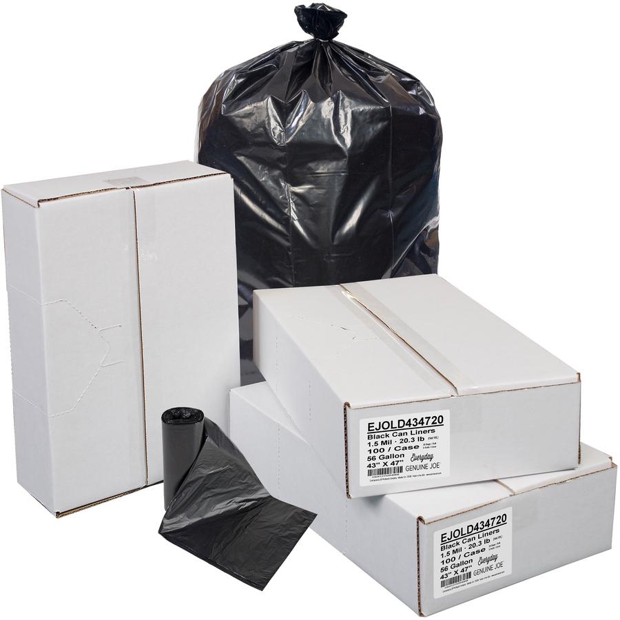 Everyday Genuine Joe Low-Density Can Liners - 56 gal Capacity - 47" Length x 43" Width x 1.50 mil (38 Micron) Thickness - Low Density - Black - Resin - Office Waste, Receptacle - Recycled - 100 / Cart. Picture 3