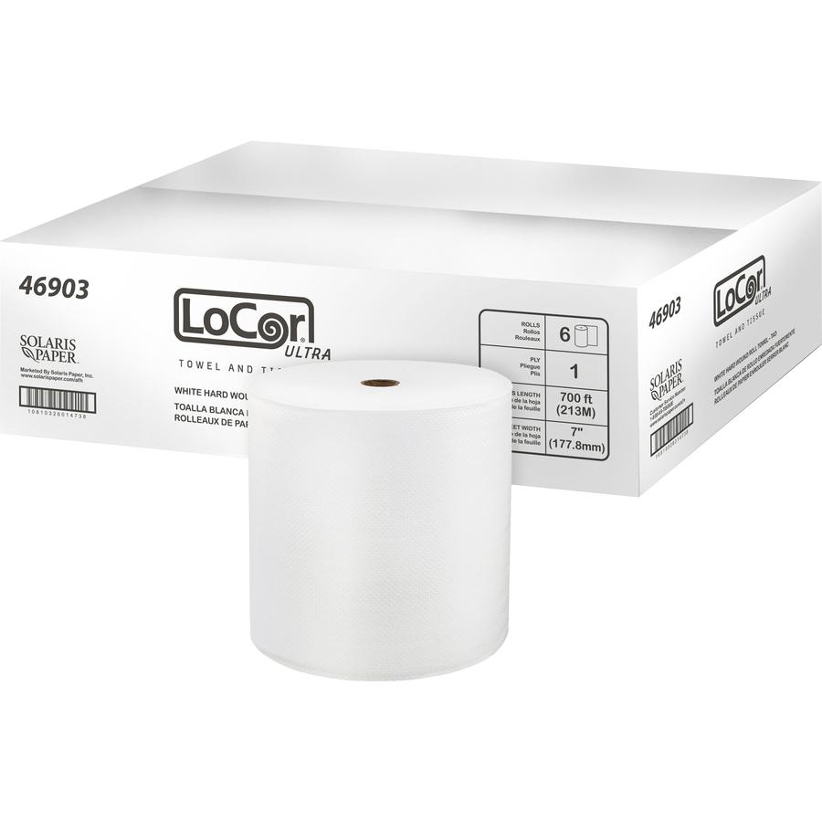 LoCor Paper Ultra Hard Wound Roll Towels - 1 Ply - 7" Width x 700 ft Length - Full Emboss Pattern - White - Virgin Fiber - 6 / Carton. Picture 3