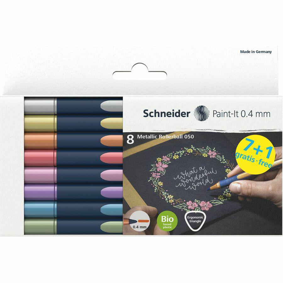 Schneider Metallic Rollerball Pens - Assorted Metallic Ink - Bioplastic Barrel - 8 / Pack. Picture 6