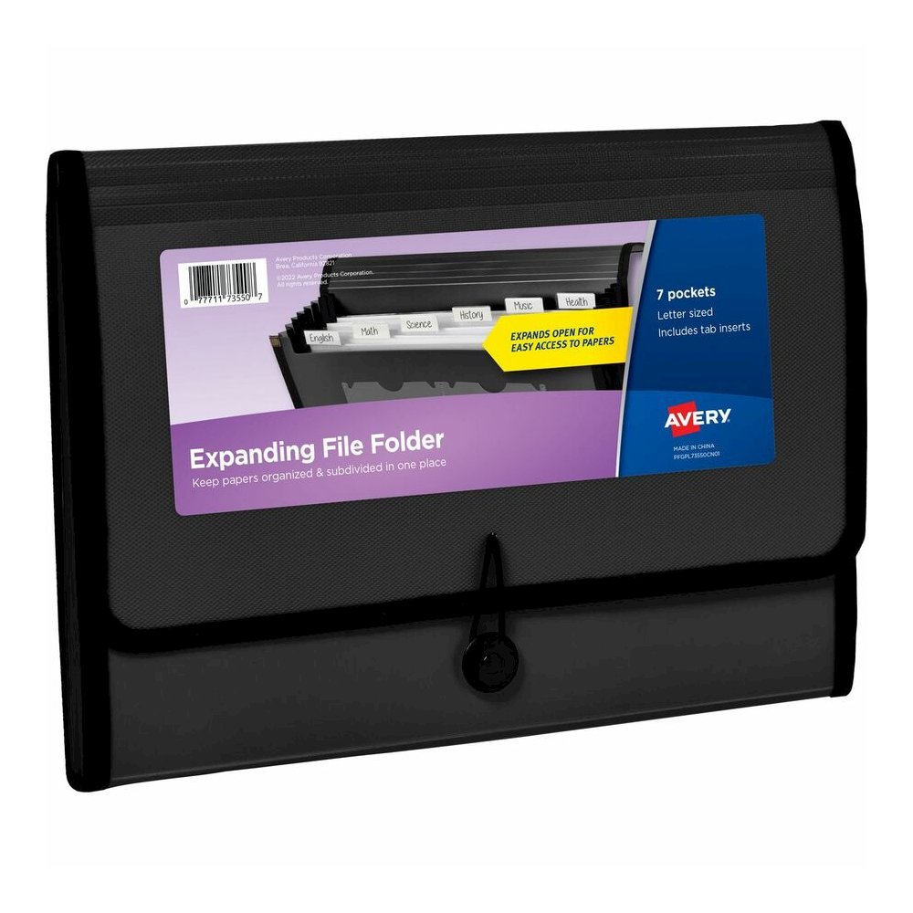 Avery&reg; Letter, A4 Expanding File - 425 Sheets Capacity - 7 Pocket - Polypropylene, Plastic, Fabric - Black - 0% Recycled - 1 Each. Picture 8
