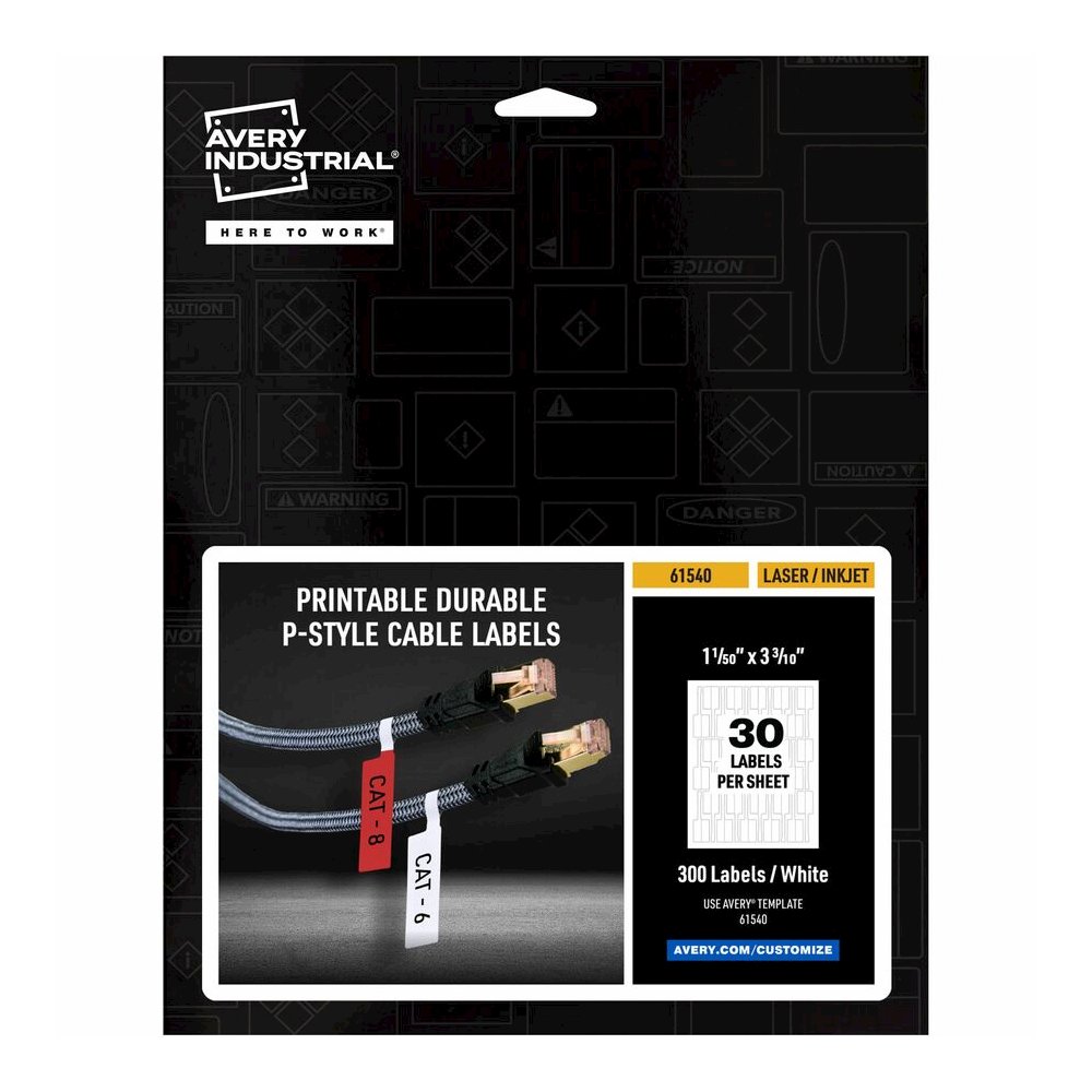 Avery&reg; Cable Labels, P-Style, 1.02" x 3.3" , 300 Total (61540) - Waterproof - 1 1/64" Width x 3 19/64" Length - Permanent Adhesive - P-shaped - Laser, Inkjet - White - Film - 30 / Sheet - 10 Total. Picture 9