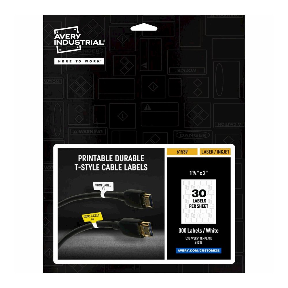 Avery&reg; Cable Labels, T-Style, 1.25" x 2" , 300 Total (61539) - Waterproof - 1 1/4" Width x 2" Length - Permanent Adhesive - T-shaped - Inkjet, Laser - White - Film - 30 / Sheet - 10 Total Sheets -. Picture 9