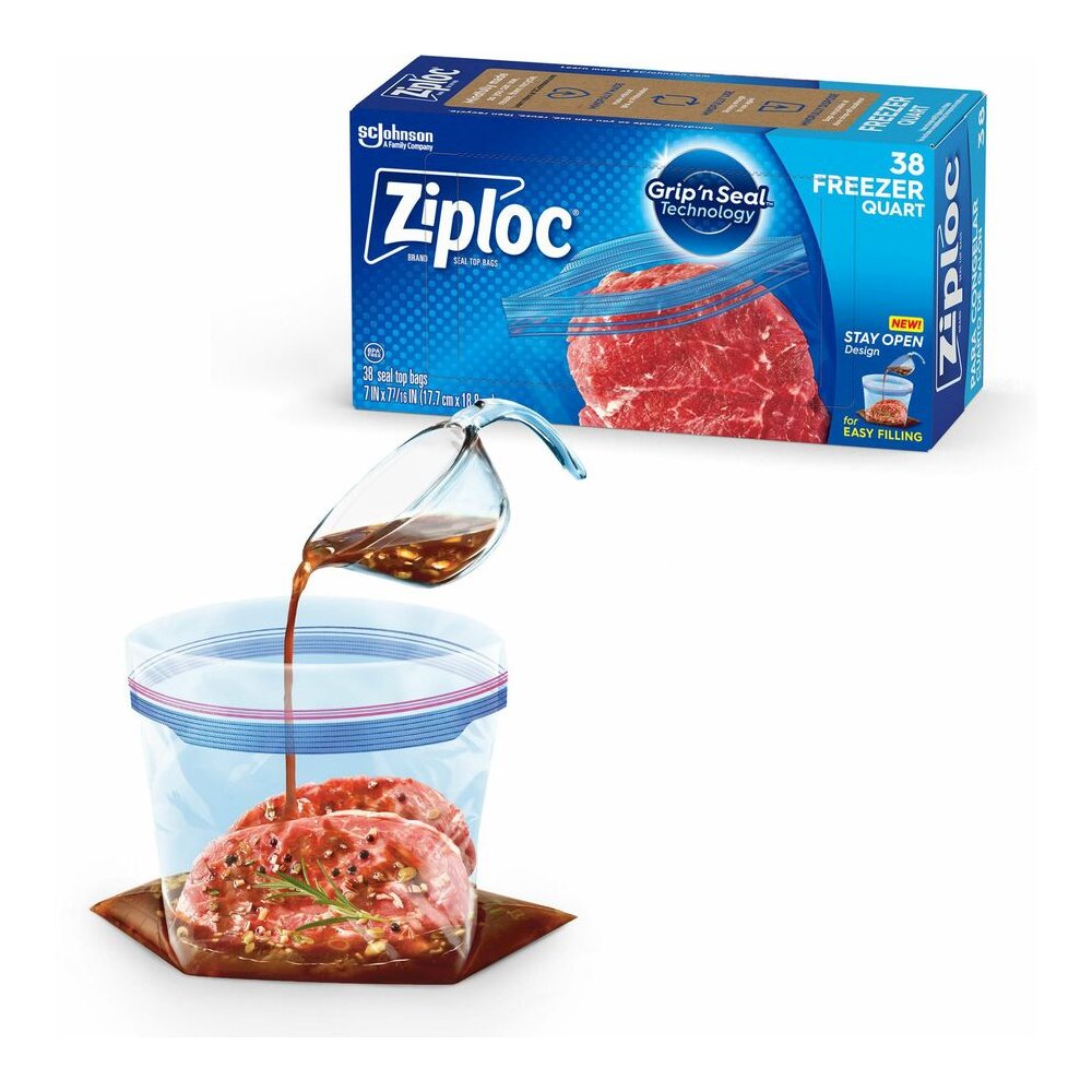 Ziploc&reg; Grip n' Seal Freezer Bags - Medium Size - 1 quart Capacity - 7.43" Length x 7" Width - Textured - Blue - Plastic - Multipurpose - 38/Box - 9 / Carton. Picture 3