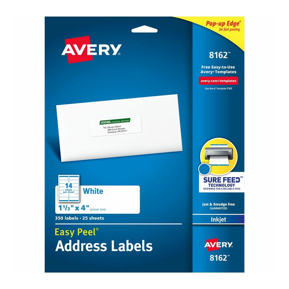 Avery&reg; Easy Peel Address Labels, 1-1/3" x 4" , 350 Labels (8162) - x 1 21/64" Width x 4" Length - Permanent Adhesive - Rectangle - Inkjet - Matte - White - Paper - 14 / Sheet - 25 Total Sheets - 3. Picture 4