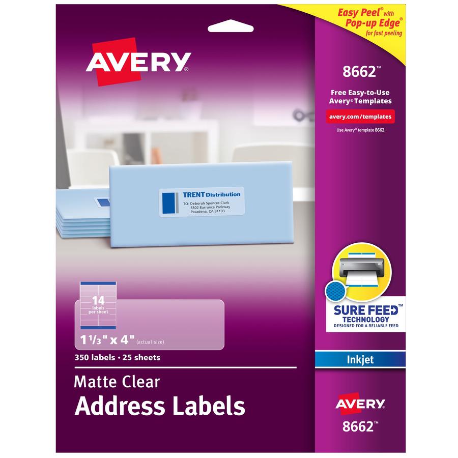 Avery&reg; Easy Peel Inkjet Printer Mailing Labels - 1 21/64" Width x 4" Length - Permanent Adhesive - Rectangle - Inkjet - Matte - Clear - Film - 14 / Sheet - 25 Total Sheets - 350 Total Label(s) - 3. Picture 4