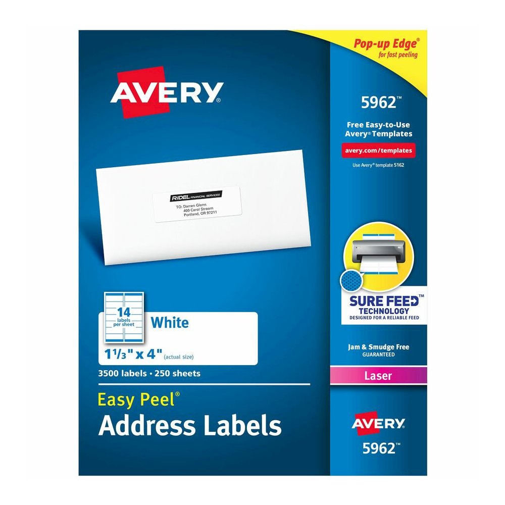 Avery&reg; Easy Peel Address Labels, 1-1/3" x 4" , 3,500 Labels (5962) - x 1 21/64" Width x 4" Length - Permanent Adhesive - Rectangle - Laser - Matte - White - Paper - 14 / Sheet - 250 Total Sheets -. Picture 4