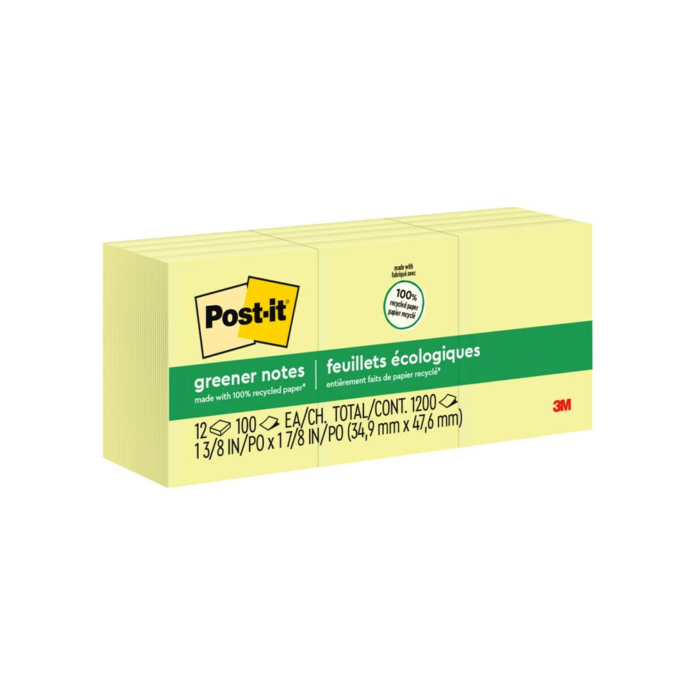 Post-it&reg; Greener Notes - 1200 - 1 1/2" Flag/Note Width x 2" Flag/Note Length - Rectangle - 100 Sheets per Pad - Unruled - Yellow - Paper - Self-adhesive, Repositionable - Recycled - 1 Pack. Picture 6