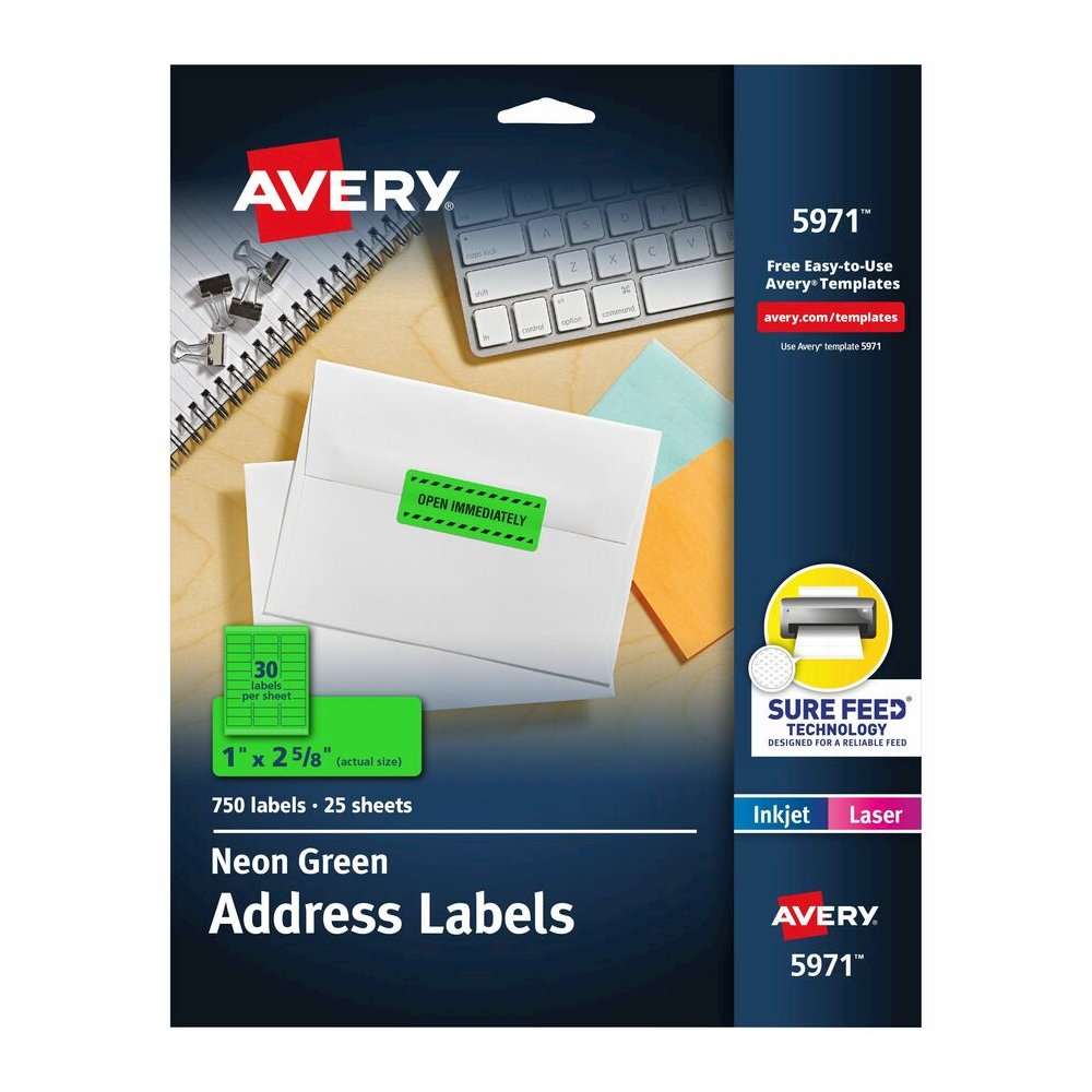 Avery&reg; Address Label - x 1" Width x 2 5/8" Length - Permanent Adhesive - Rectangle - Laser, Inkjet - Matte - Neon Green - Paper - 30 / Sheet - 25 Total Sheets - 750 Total Label(s) - For Label Prin. Picture 3