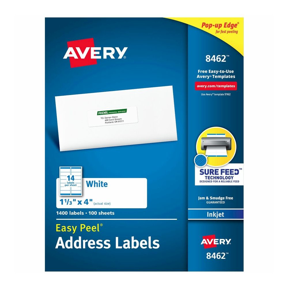 Avery&reg; Easy Peel Address Labels, 1-1/3" x 4" , 1,400 Labels (8462) - x 1 21/64" Width x 4" Length - Permanent Adhesive - Rectangle - Inkjet - Matte - White - Paper - 14 / Sheet - 100 Total Sheets . Picture 5