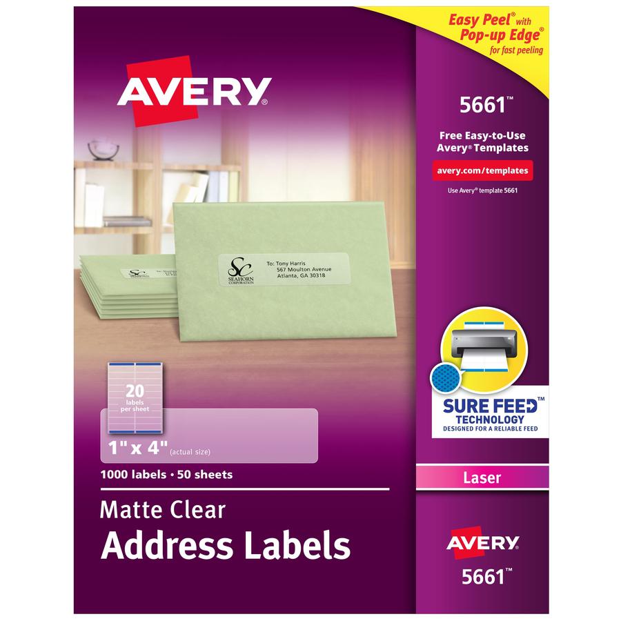 Avery&reg; Easy Peel Return Address Labels - 1" Width x 4" Length - Permanent Adhesive - Rectangle - Laser - Matte - Clear - Film - 20 / Sheet - 50 Total Sheets - 1000 Total Label(s) - 1000 / Box. Picture 3