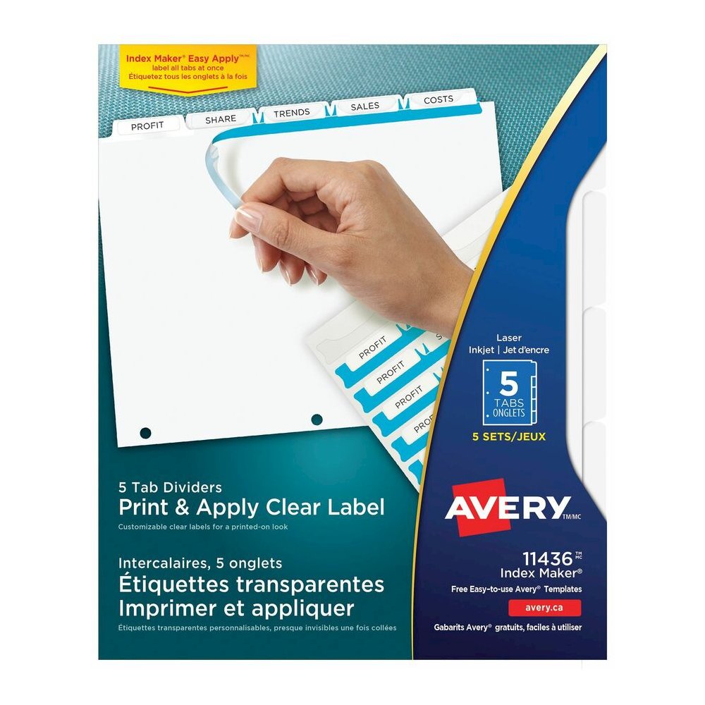 Avery&reg; Print & Apply Clear Label Dividers - Index Maker Easy Apply Label Strip - 25 x Divider(s) - 5 Tab(s)/Set - 8.5" Divider Width x 11" Divider Length - Letter - 3 Hole Punched - Clear Paper Di. Picture 5