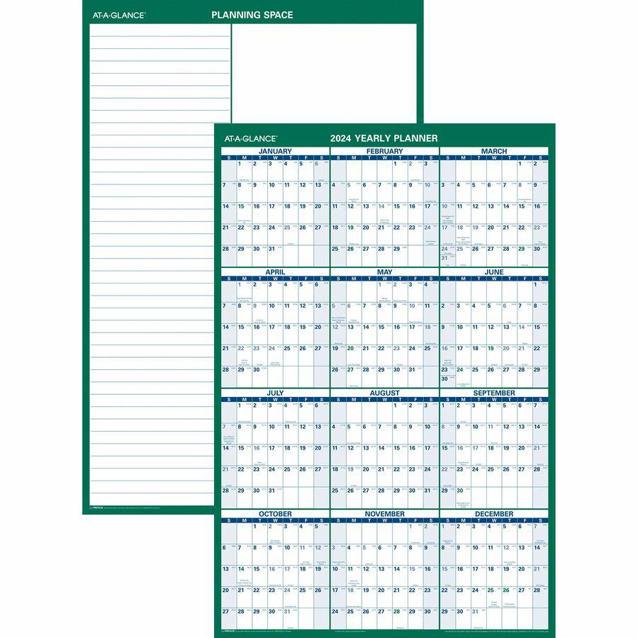 At-A-Glance Vertical Reversible Erasable Wall Calendar - Large Size - Julian Dates - Yearly - 12 Month - January 2024 - December 2024 - 24" x 36" White Sheet - Blue, Gray - Laminate - Erasable, Lamina. Picture 2