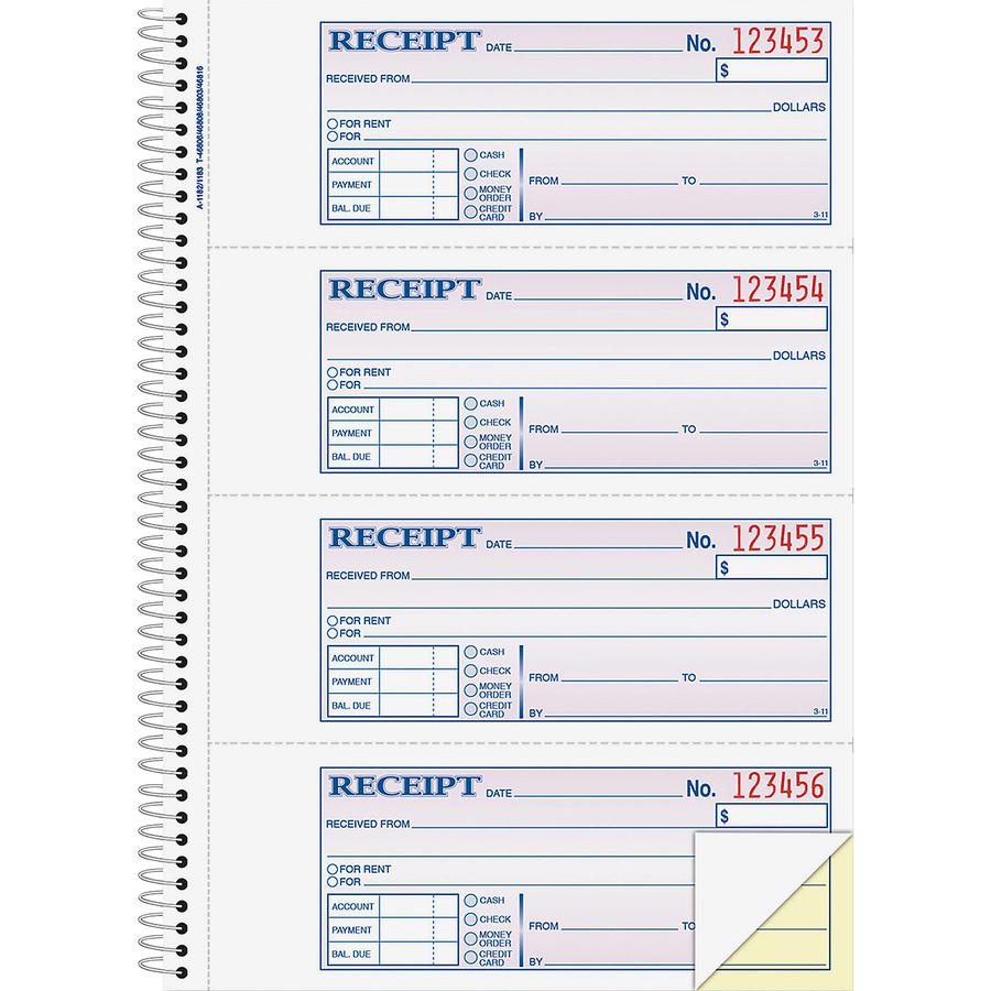 Adams Spiral 2-part Money/Rent Receipt Book - 200 Sheet(s) - Spiral Bound - 2 Part - 2.75" x 7.62" Form Size - White, Canary - Assorted Sheet(s) - 1 Each. Picture 3