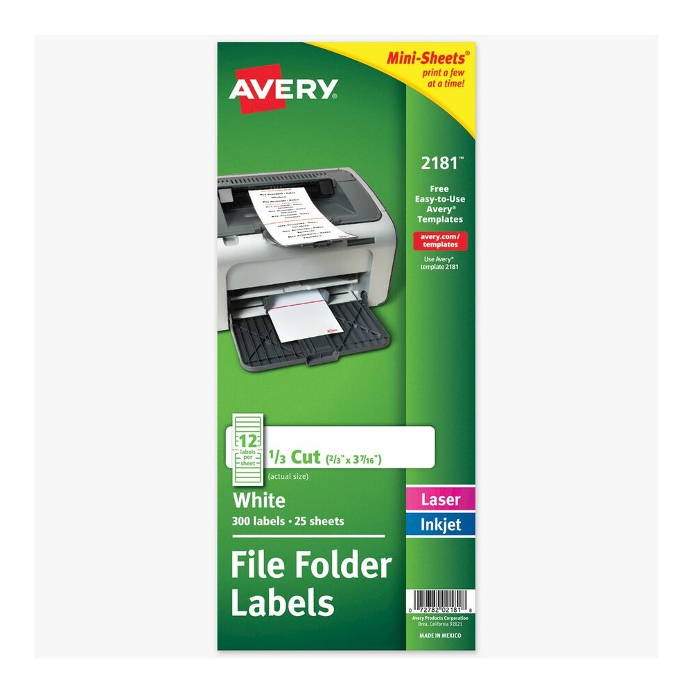 Avery Mini-Sheets File Folder Labels, 2/3" x 3-7/16" , 300ct (2181) - x 21/32" Width x 3 7/16" Length - Permanent Adhesive - Rectangle - Laser, Inkjet - Matte - White - Paper - 12 / Sheet - 25 Total S. Picture 3