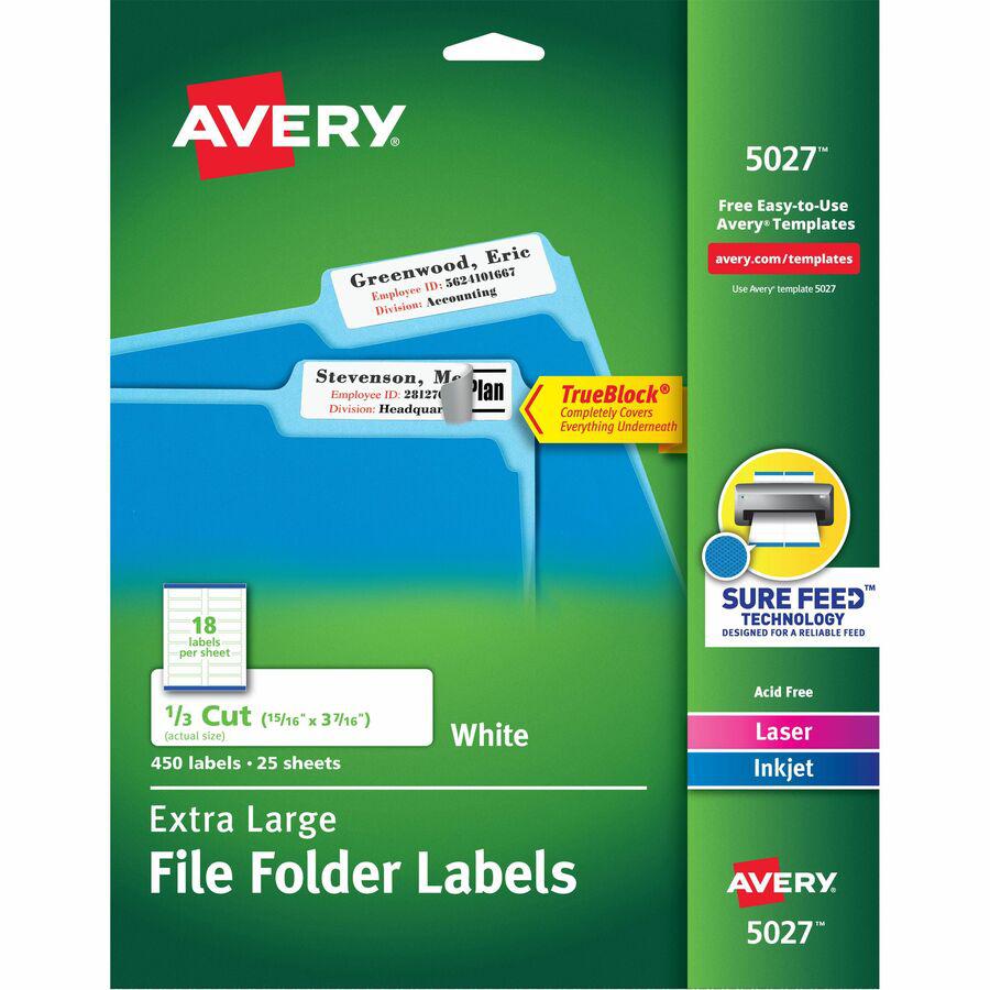 Avery&reg; Extra-Large File Folder Labels - 15/16" Width x 3 7/16" Length - Permanent Adhesive - Rectangle - Laser, Inkjet - White - Paper - 18 / Sheet - 25 Total Sheets - 450 Total Label(s) - 450 / P. Picture 11