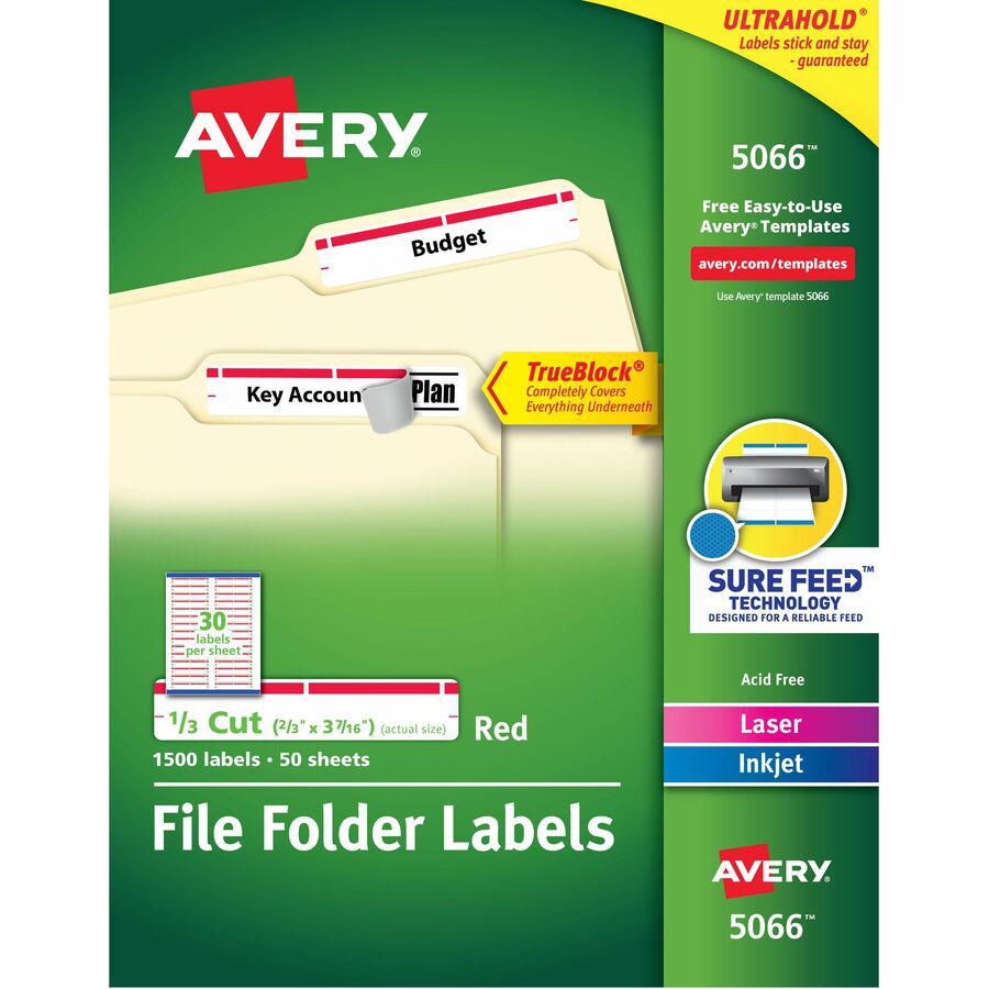 Avery&reg; TrueBlock File Folder Labels - 2/3" Width x 3 7/16" Length - Permanent Adhesive - Rectangle - Inkjet, Laser - Matte - Red - Paper - 30 / Sheet - 50 Total Sheets - 1500 Total Label(s) - 1500. Picture 13