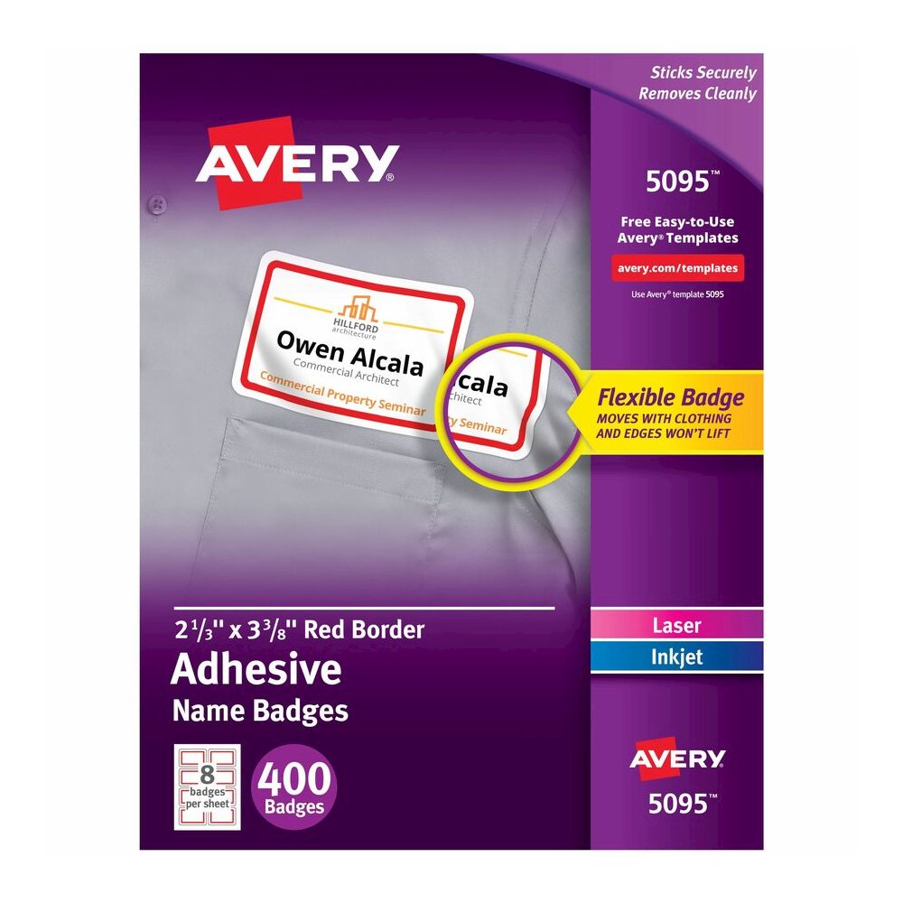Avery&reg; Name Badge Label - 2 21/64" Width x 3 3/8" Length - Removable Adhesive - Rectangle - Laser, Inkjet - White, Red - Film - 8 / Sheet - 50 Total Sheets - 400 Total Label(s) - 400 / Box. Picture 9