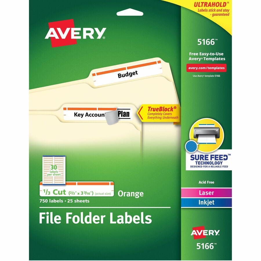 Avery&reg; TrueBlock File Folder Labels - 2/3" Width x 3 7/16" Length - Permanent Adhesive - Rectangle - Inkjet, Laser - Matte - Orange - Paper - 30 / Sheet - 25 Total Sheets - 750 Total Label(s) - 75. Picture 11