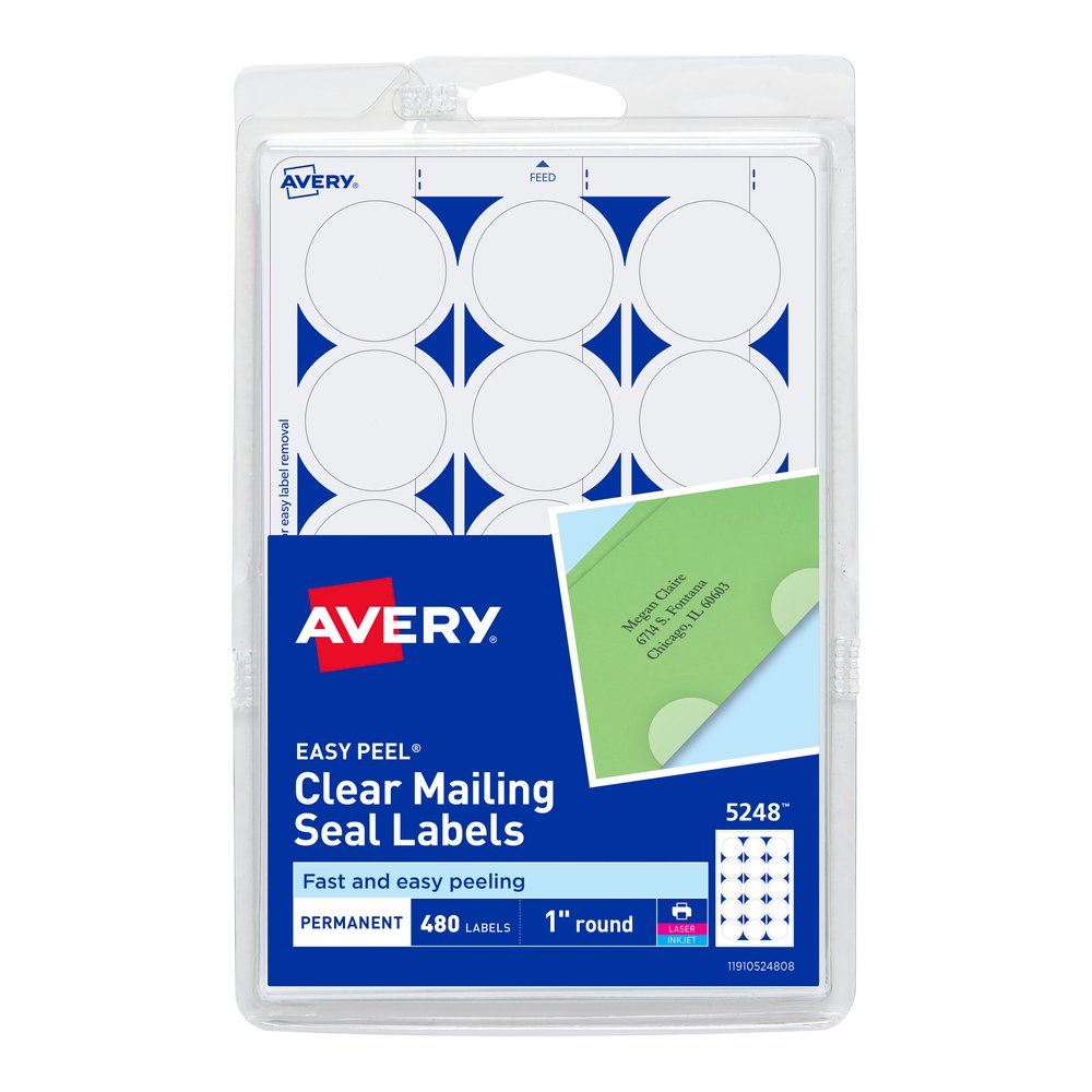 Avery&reg; Avery Printable Mailing Seals, Clear, 1" Diameter, 480 Labels (5248) - Glossy - Permanent Adhesive, Laminated, Acid-free, Moisture Resistant, Water Resistant - Clear - 480 / Pack. Picture 2