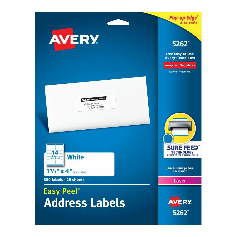Avery&reg; Easy Peel Address Labels, 1-1/3" x 4" , 350 Labels (5262) - x 1 21/64" Width x 4" Length - Permanent Adhesive - Rectangle - Laser - Matte - White - Paper - 14 / Sheet - 25 Total Sheets - 35. Picture 5