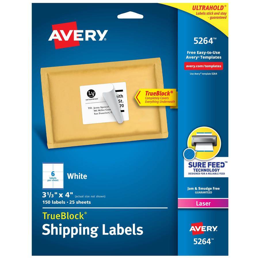 Avery&reg; Shipping Labels, Sure Feed, 3-1/3" x 4" , 150 White Labels (5264) - 3 21/64" Width x 4" Length - Permanent Adhesive - Rectangle - Laser - Matte - White - Paper - 6 / Sheet - 25 Total Sheets. Picture 3