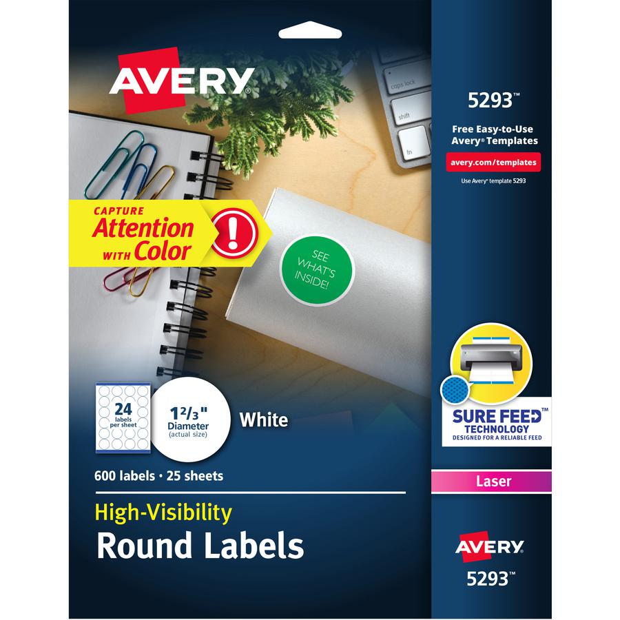 Avery&reg; Round High Visibility Labels - 1 21/32" Diameter - Permanent Adhesive - Round - Laser, Inkjet - White - Paper - 24 / Sheet - 25 Total Sheets - 600 Total Label(s) - 600 / Pack. Picture 2
