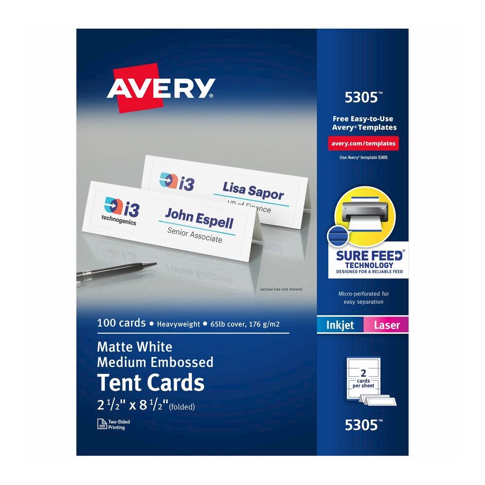Avery&reg; Tent Cards, 2-1/2" x 8-1/2" , Embossed Border, 100ct (5305) - 97 Brightness - 2 1/2" x 8 1/2" - 65 lb Basis Weight - 176 g/m² Grammage - Matte, Embossed - Heat Resistant, Heavyweight, . Picture 5