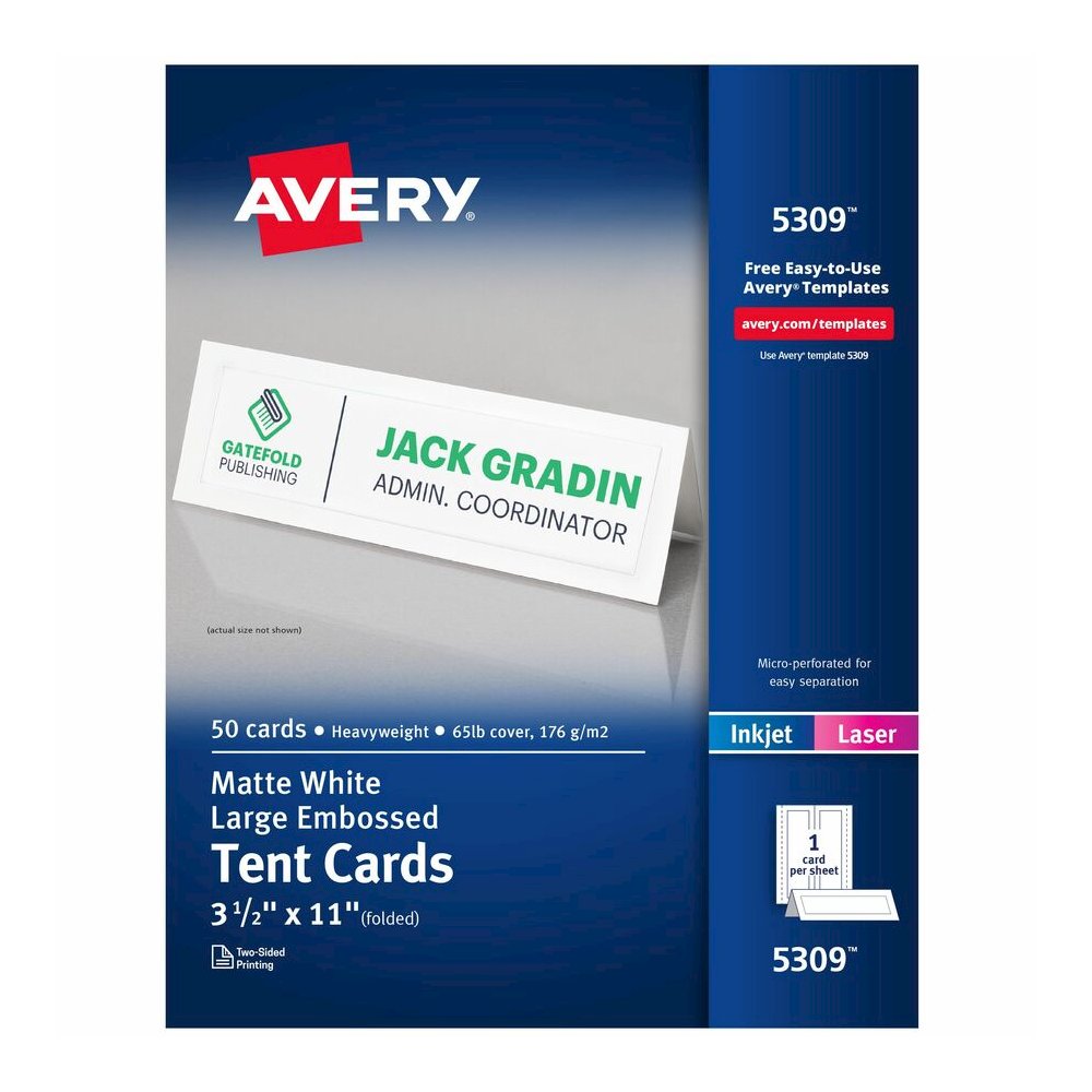 Avery&reg; Tent Cards, 3.5" x 11" , Embossed Border, 50ct (5309) - 97 Brightness - 3 1/2" x 11" - 65 lb Basis Weight - 176 g/m² Grammage - Matte - Perforated, Heavyweight, Rounded Corner, Smudge-. Picture 6