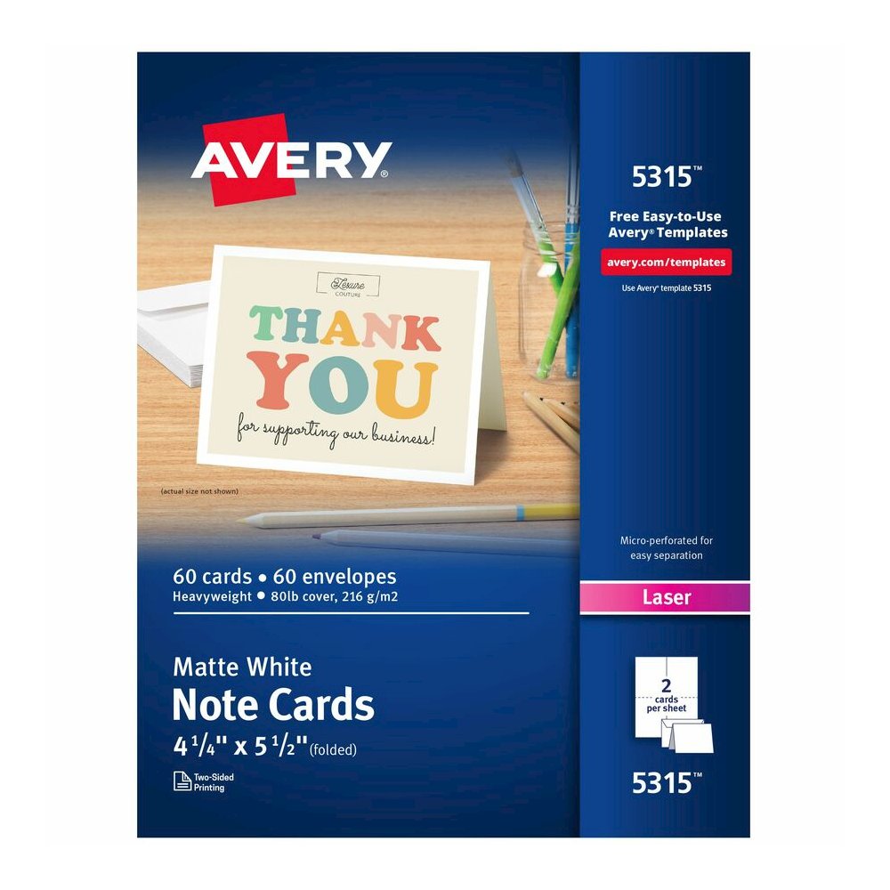 Avery&reg; Printable Note Cards, Two-Sided Printing, 4-1/4" x 5-1/2" , 60 Cards (5315) - 97 Brightness - 4 1/4" x 5 1/2" - 1 / Box - Perforated, Heavyweight, Rounded Corner, Jam-free, Smudge-free - Wh. Picture 3
