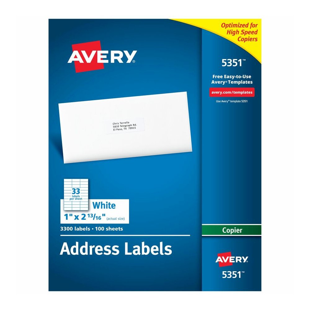 Avery&reg; Copier Address Labels - 1" Width x 2 13/16" Length - Permanent Adhesive - Rectangle - Matte - White - Paper - 33 / Sheet - 100 Total Sheets - 3300 Total Label(s) - 3300 / Box. Picture 4