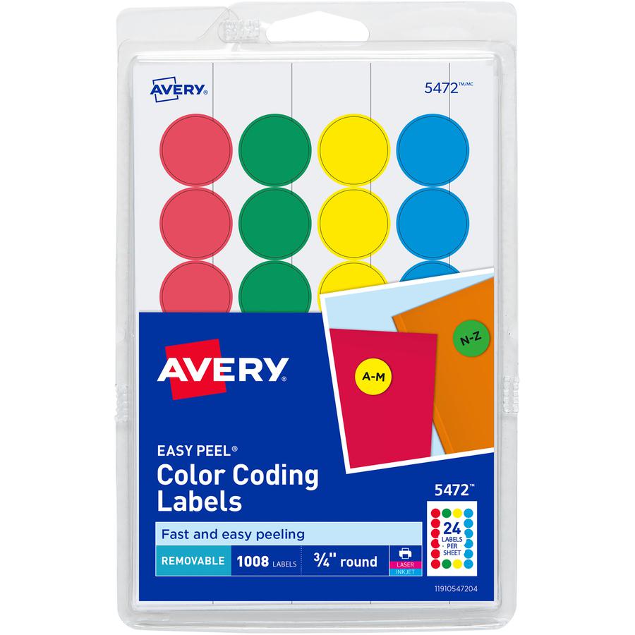 Avery&reg; Removable Print or Write Color Coding Labels - - Width3/4" Diameter - Removable Adhesive - Round - Laser, Inkjet - Blue, Green, Red, Yellow - Paper - 24 / Sheet - 42 Total Sheets - 1008 Tot. Picture 2