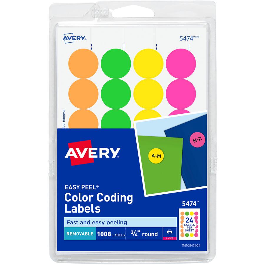 Avery&reg; Color Coded Label - - Width3/4" Diameter - Removable Adhesive - Round - Laser - Neon Green, Neon Orange, Neon Red, Neon Yellow - Paper - 24 / Sheet - 42 Total Sheets - 1008 Total Label(s) -. Picture 2