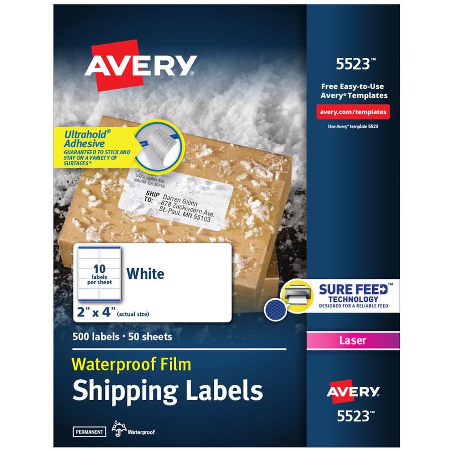 Avery&reg; Waterproof Labels, 2" x 4" , 500 Total (05523) - Waterproof - x 2" Width x 4" Length - Permanent Adhesive - Rectangle - Laser - Matte - White - Film - 10 / Sheet - 50 Total Sheets - 500 Tot. Picture 5