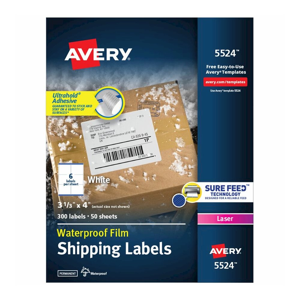 Avery Waterproof Labels, 3-1/3" x 4" , 300 Total (05524) - Waterproof - x 3 21/64" Width x 4" Length - Full Sheet - Permanent Adhesive - Rectangle - Laser - Matte - White - Film - 6 / Sheet - 50 Total. Picture 5