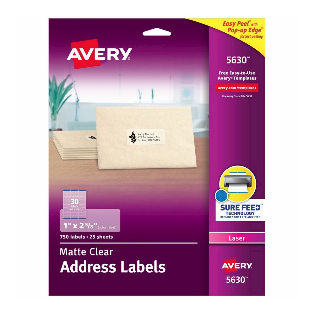 Avery&reg; Easy Peel Return Address Labels - 1" Width x 2 5/8" Length - Permanent Adhesive - Rectangle - Laser - Matte - Clear - Film - 30 / Sheet - 25 Total Sheets - 750 Total Label(s) - 750 / Box. Picture 5