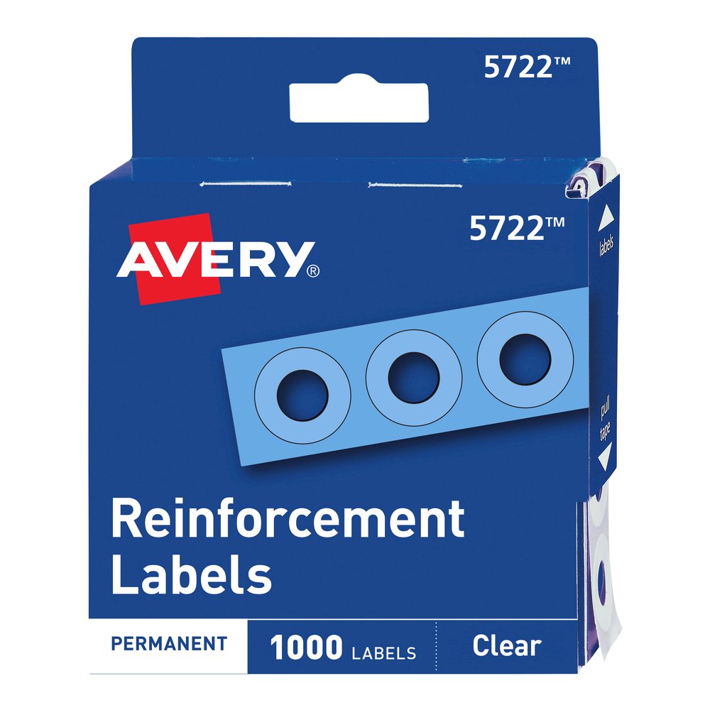 Avery&reg; Hole Reinforcement Label Rings - 0.3" Diameter - 0.25" Maximum Capacity - Round - Clear - Polyvinyl - 1000 / Pack. Picture 2