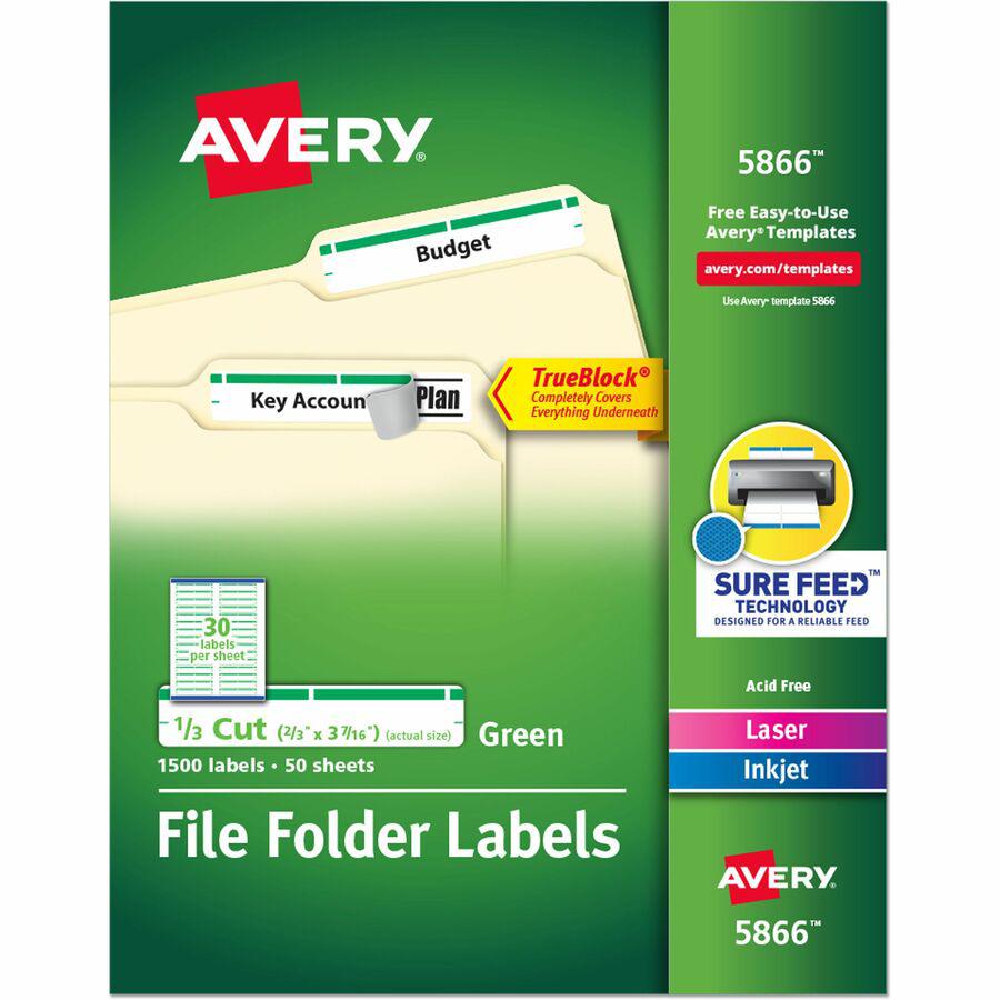 Avery&reg; TrueBlock File Folder Labels - 2/3" Width x 3 7/16" Length - Permanent Adhesive - Rectangle - Inkjet, Laser - Matte - Green - Paper - 30 / Sheet - 50 Total Sheets - 1500 Total Label(s) - 15. Picture 13