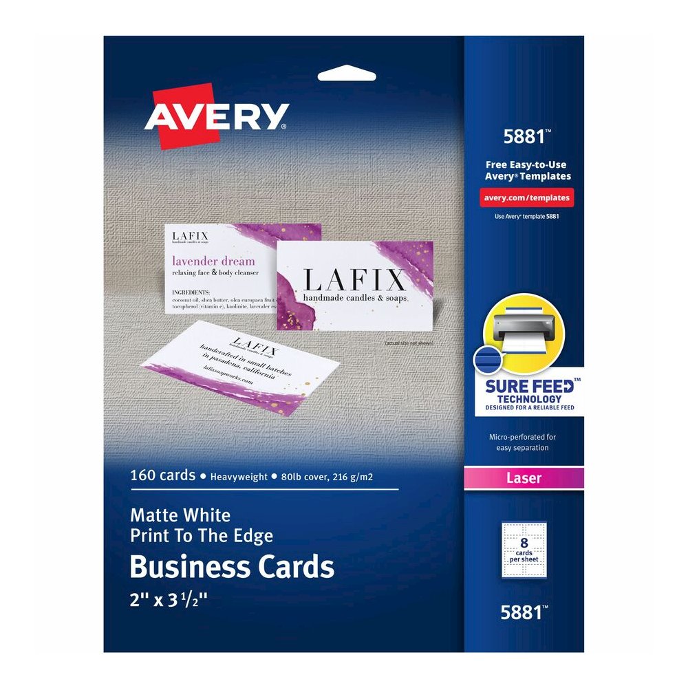 Avery&reg; Sure Feed Business Cards - 97 Brightness - A4 - 8 1/2" x 11" - 80 lb Basis Weight - 216 g/m² Grammage - Matte - Perforated, Heavyweight, Rounded Corner, Print-to-the-edge, Jam-free, Un. Picture 3