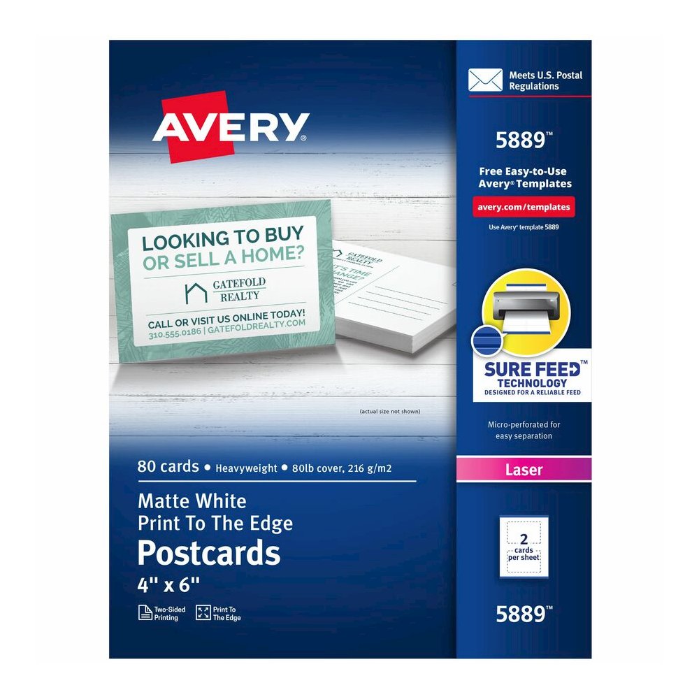 Avery&reg; Sure Feed Postcards - 97 Brightness - 6" x 4" - 80 lb Basis Weight - 216 g/m² Grammage - Matte - Perforated, Heavyweight, Rounded Corner, Uncoated, Recyclable, Biodegradable, Print-to-. Picture 3