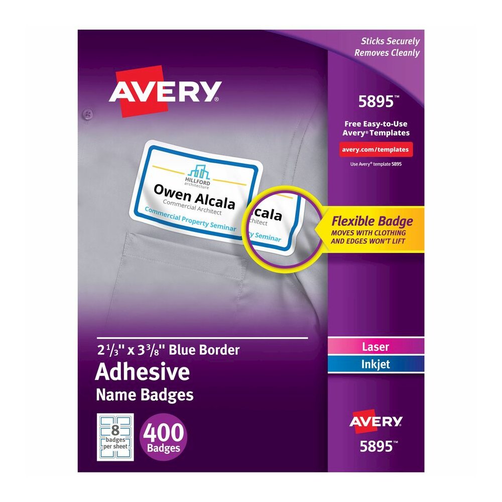 Avery&reg; Adhesive Name Badges - 2 21/64" Width x 3 3/8" Length - Removable Adhesive - Rectangle - Inkjet, Laser - Matte - White, Blue - Blue Border - Film - 8 / Sheet - 50 Total Sheets - 400 Total L. Picture 2