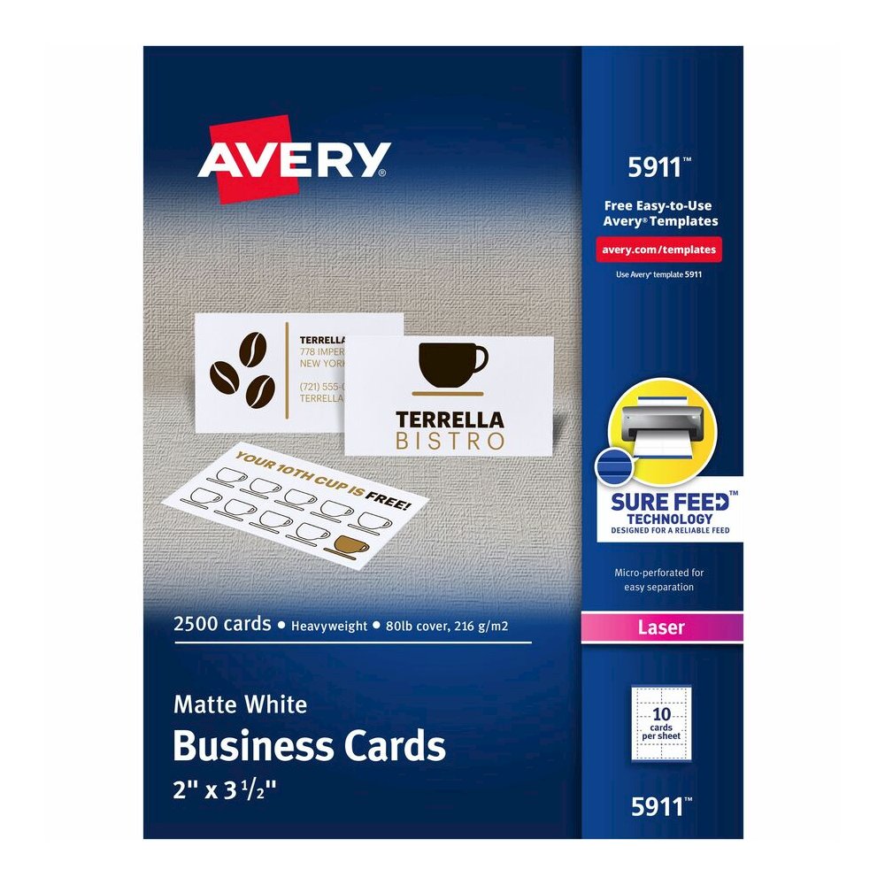 Avery&reg; Perforated Business Cards for Laser Printers, 2" x 3½" - 97 Brightness - A4 - 8 1/2" x 11" - 80 lb Basis Weight - 216 g/m² Grammage - Matte - Perforated, Heavyweight, Jam-free, Smooth . Picture 2