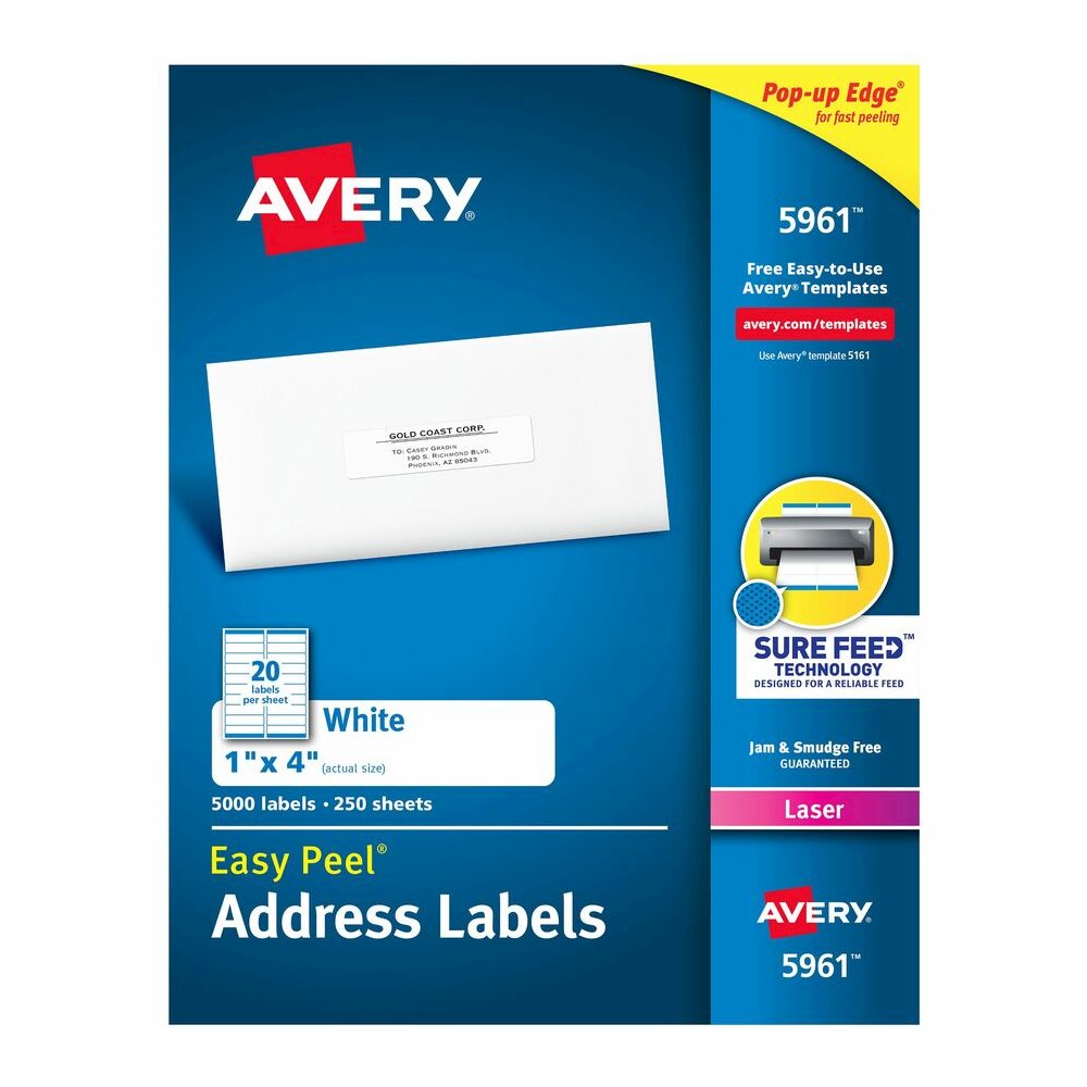 Avery&reg; Easy Peel Address Labels, 1" x 4" , 5,000 White Labels (5961) - x 1" Width x 4" Length - Permanent Adhesive - Rectangle - Laser - Matte - White - Paper - 20 / Sheet - 250 Total Sheets - 500. Picture 5