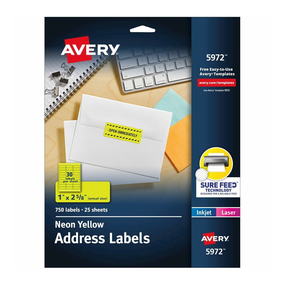 Avery&reg; Address Label - x 1" Width x 2 5/8" Length - Permanent Adhesive - Rectangle - Laser, Inkjet - Matte - Neon Yellow - Paper - 30 / Sheet - 25 Total Sheets - 750 Total Label(s) - For Label Pri. Picture 2