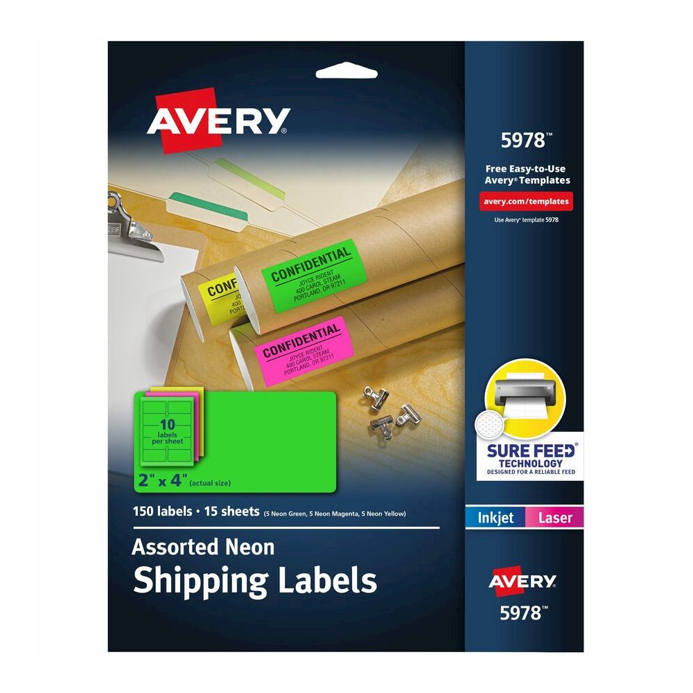 Avery&reg; 2"x4" Neon Shipping Labels, Sure Feed, 150 Labels (5978) - x 2" Width x 4" Length - Permanent Adhesive - Rectangle - Laser, Inkjet - Matte - Neon Magenta, Neon Green, Neon Yellow - Paper - . Picture 2