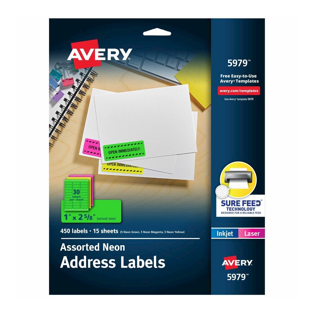 Avery&reg; Shipping Labels - x 1" Width x 2 5/8" Length - Permanent Adhesive - Rectangle - Laser, Inkjet - Matte - Neon Magenta, Neon Green, Neon Yellow - Paper - 30 / Sheet - 15 Total Sheets - 450 To. Picture 2