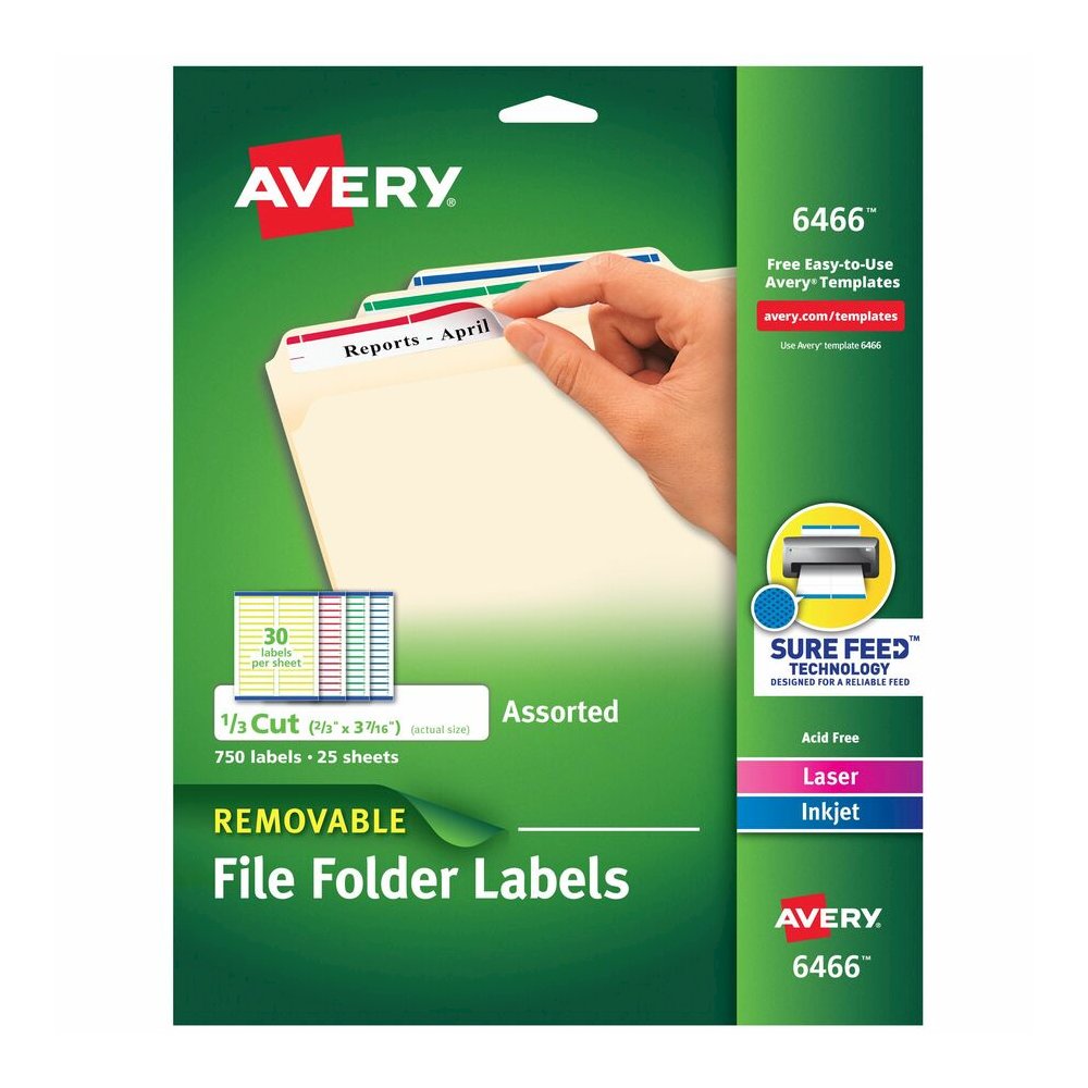 Avery&reg; Removable Laser/Inkjet Filing Labels - 2/3" Width x 3 7/16" Length - Removable Adhesive - Rectangle - Inkjet, Laser - Matte - Blue, Green, Red, White, Yellow - Paper - 30 / Sheet - 25 Total. Picture 3