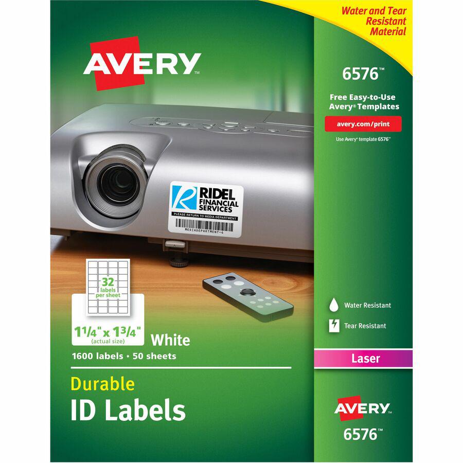 Avery&reg; TrueBlock ID Label - Waterproof - 1 1/4" Width x 1 3/4" Length - Permanent Adhesive - Rectangle - Laser - Matte - White - Film - Water Resistant - 32 / Sheet - 50 Total Sheets - 1600 Total . Picture 3