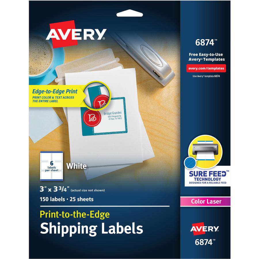 Avery&reg; Shipping Labels, Sure Feed, 3" x 3-3/4" , 150 Labels (6874) - 3" Width x 3 3/4" Length - Permanent Adhesive - Rectangle - Laser - White - Paper - 6 / Sheet - 25 Total Sheets - 150 Total Lab. Picture 3