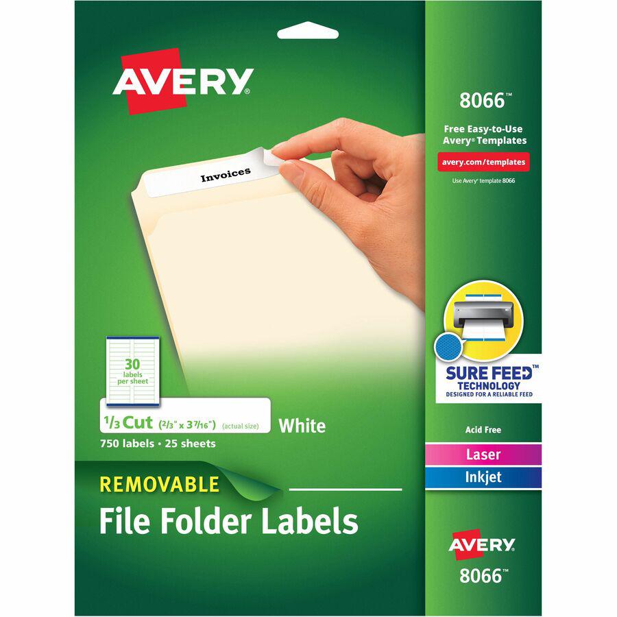 Avery&reg; Removable File Folder Labels - 2/3" Width x 3 7/16" Length - Removable Adhesive - Rectangle - Inkjet, Laser - Matte - White - Paper - 30 / Sheet - 25 Total Sheets - 750 Total Label(s) - 750. Picture 10