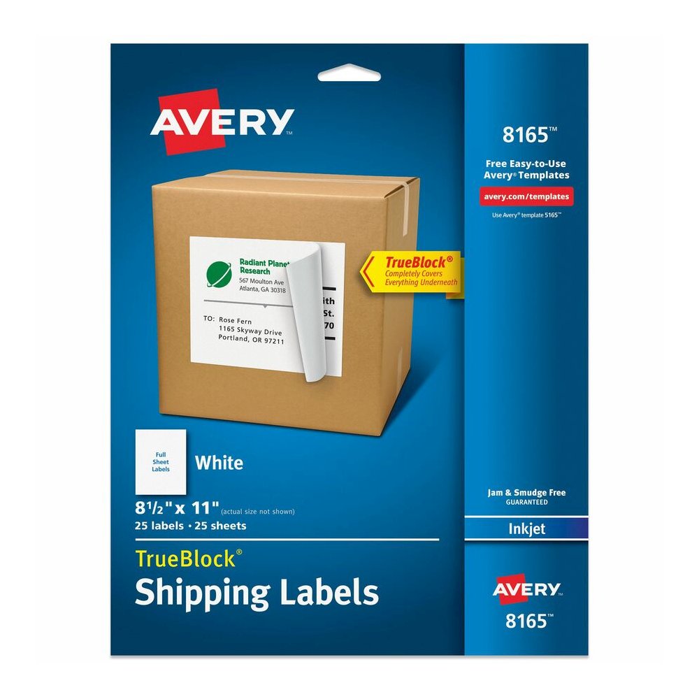 Avery&reg; TrueBlock Shipping Labels, 8-1/2" x 11" , 25 Labels (8165) - 8 1/2" Width x 11" Length - Permanent Adhesive - Inkjet - White - Paper - 1 / Sheet - 25 Total Sheets - 25 Total Label(s) - 25 /. Picture 6
